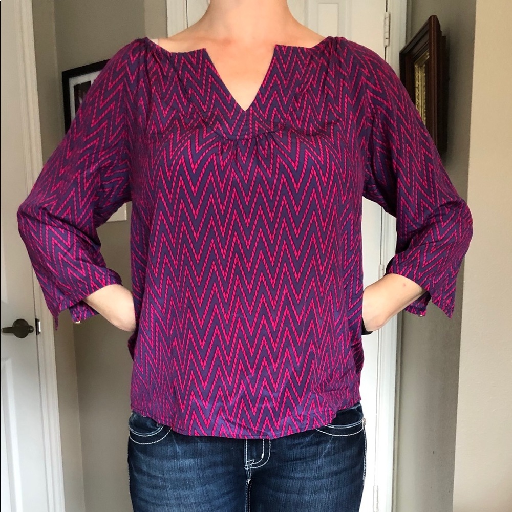 Ellie Kai pink and bluish purple zigzag blouse